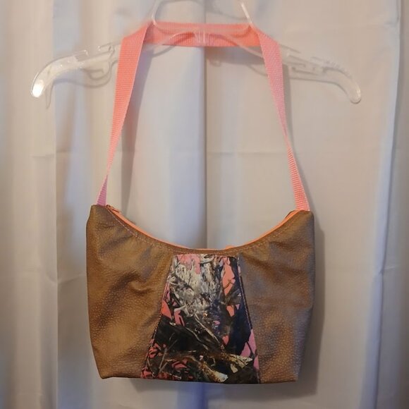 New Vinyl Camo Top handle Shoulder Bag Purse Hot Pink Brown Crescent Baguette - Picture 1 of 9